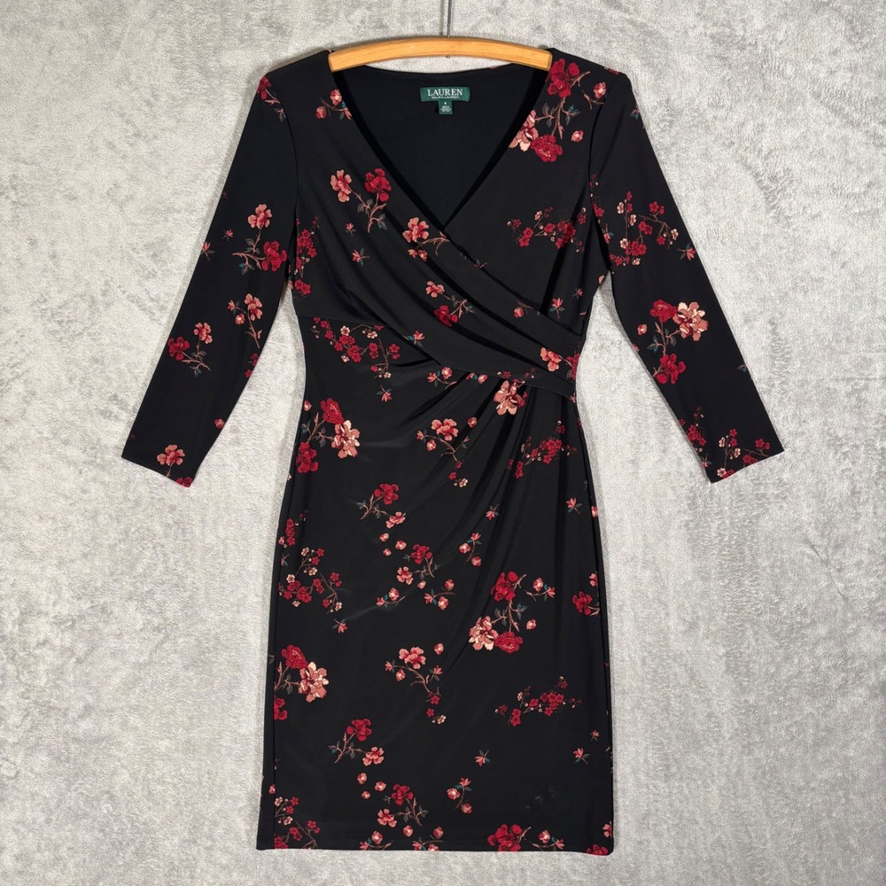 Lauren Ralph Lauren Black Red Floral Faux Wrap 3/4 Sleeve Sheath Dress Size 4